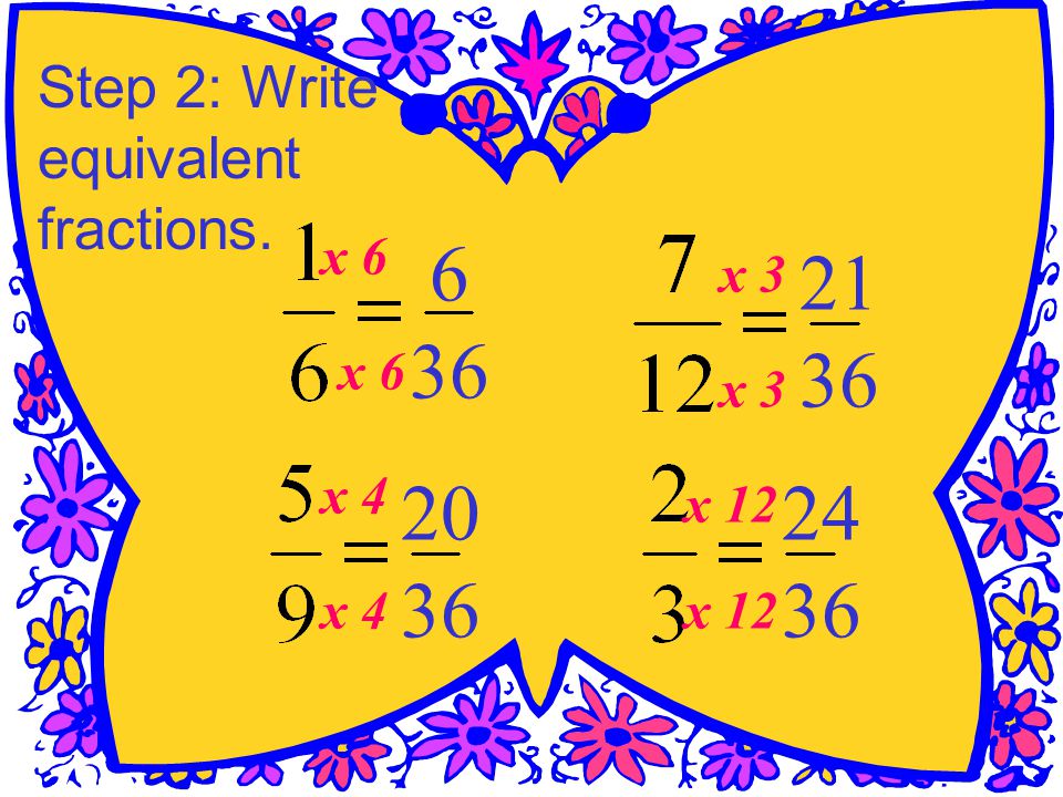 Step 2: Write equivalent fractions. 36 x x x x 12 24