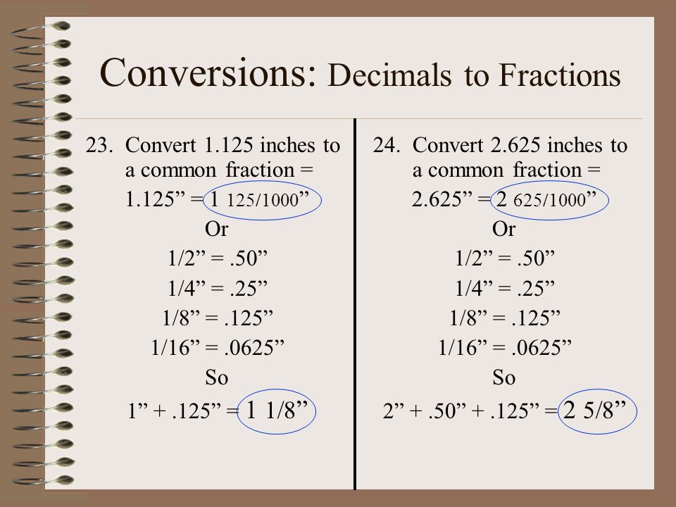 Conversions: Decimals to Fractions 23.Convert inches to a common fraction = = 1 125/1000 Or 1/2 =.50 1/4 =.25 1/8 =.125 1/16 =.0625 So = 1 1/8 24.Convert inches to a common fraction = = 2 625/1000 Or 1/2 =.50 1/4 =.25 1/8 =.125 1/16 =.0625 So = 2 5/8