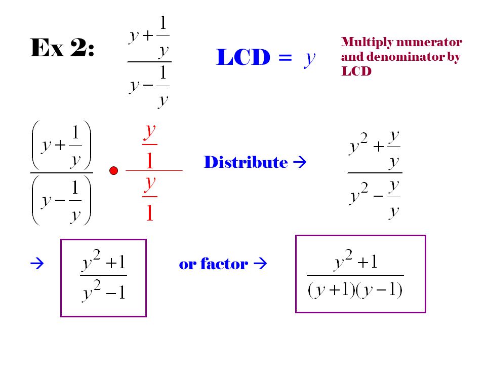 Ex 2: LCD = Distribute   or factor  Multiply numerator and denominator by LCD