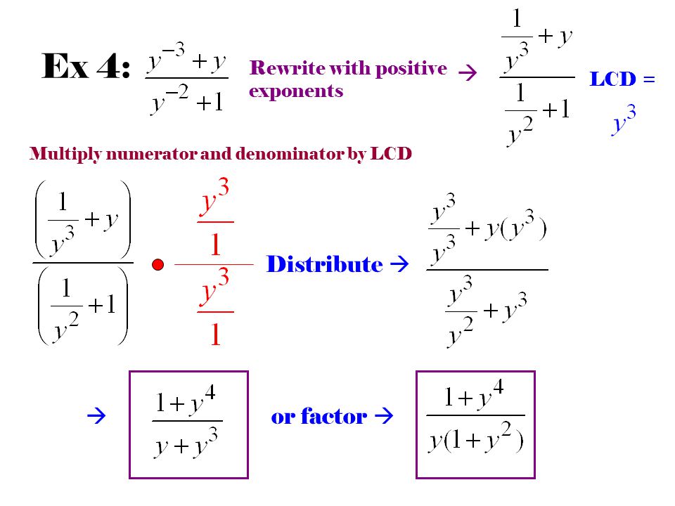 Ex 4: Rewrite with positive exponents Distribute    LCD = or factor  Multiply numerator and denominator by LCD