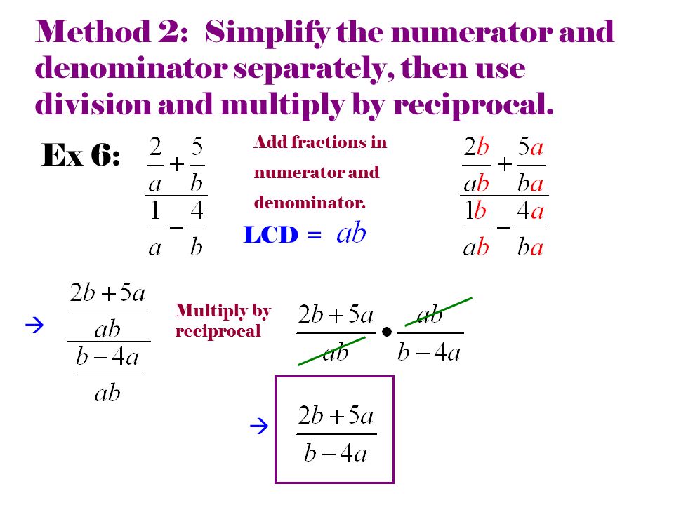 Method 2: Simplify the numerator and denominator separately, then use division and multiply by reciprocal.