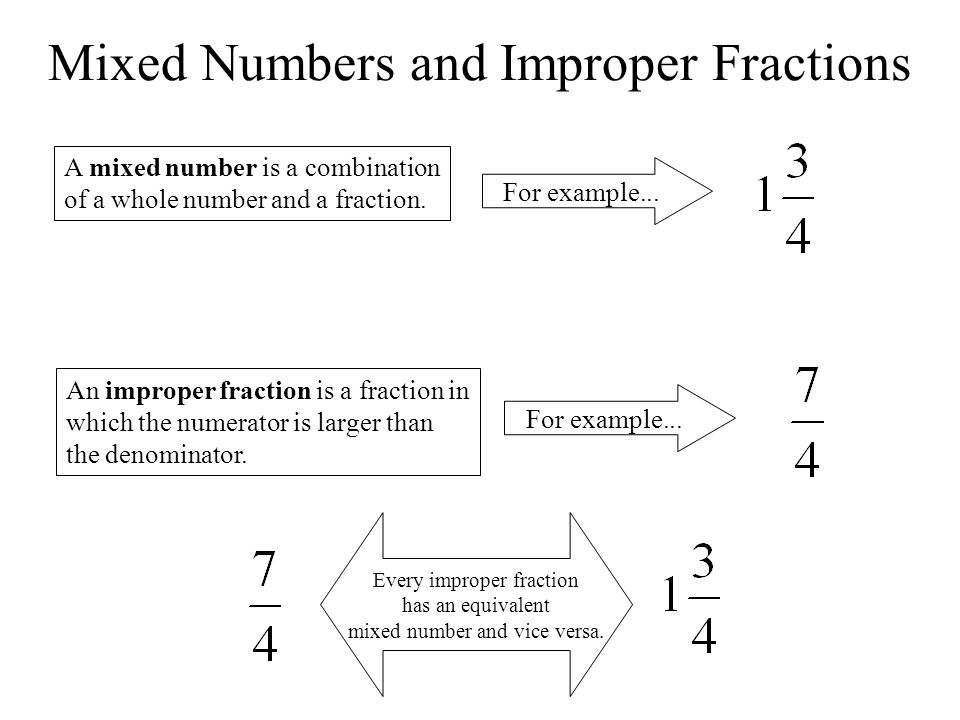 Mixed Numbers and Improper Fractions A mixed number is a combination of a whole number and a fraction.