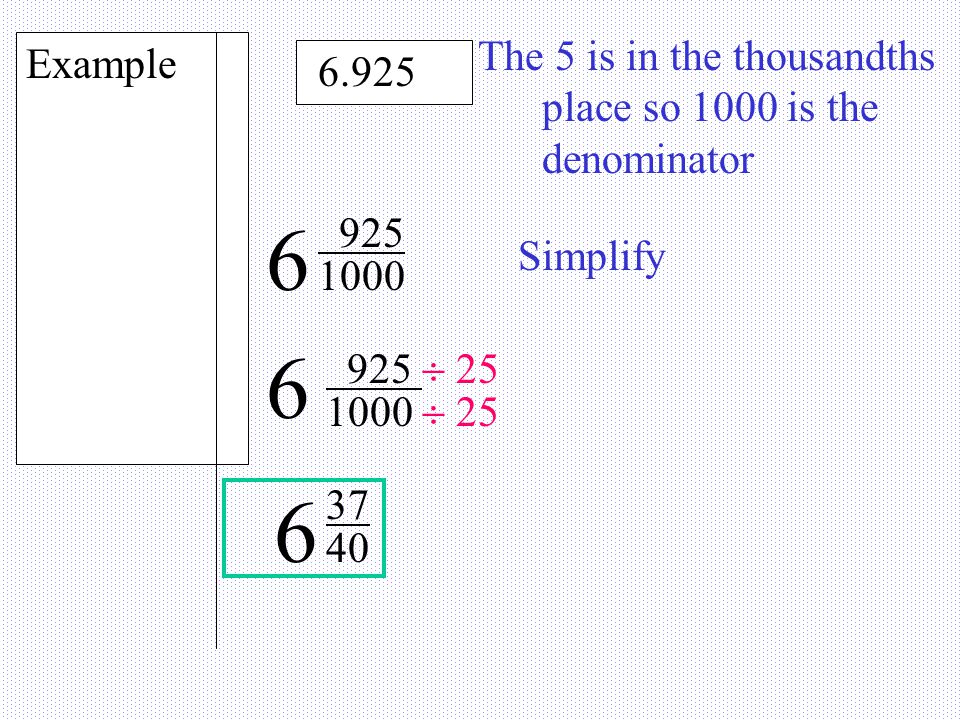 Converting Terminal decimals to fractions 1. Find the place value of the terminating decimal 2.