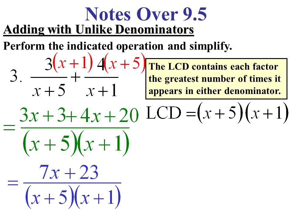 Notes Over 9.5 Adding with Unlike Denominators Perform the indicated operation and simplify.