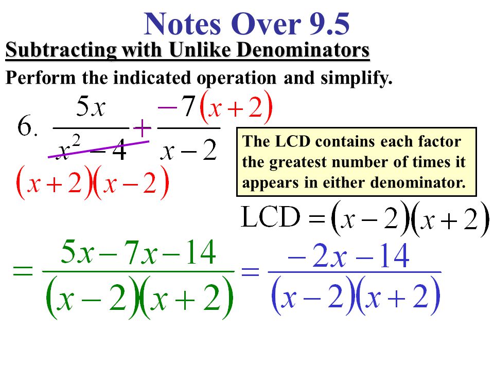 Notes Over 9.5Subtracting with Unlike Denominators Perform the indicated operation and simplify.