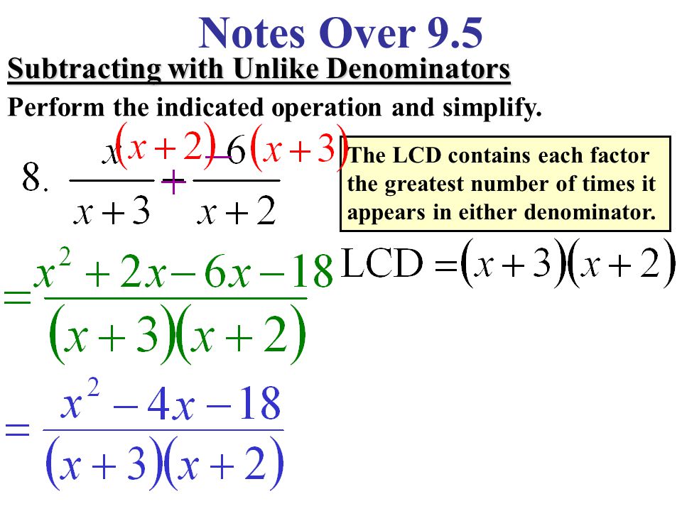 Notes Over 9.5 Subtracting with Unlike Denominators Perform the indicated operation and simplify.