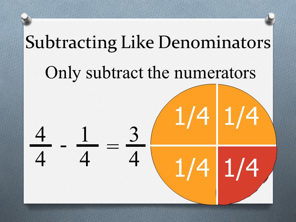Subtracting Like Denominators 1/ = Only subtract the numerators