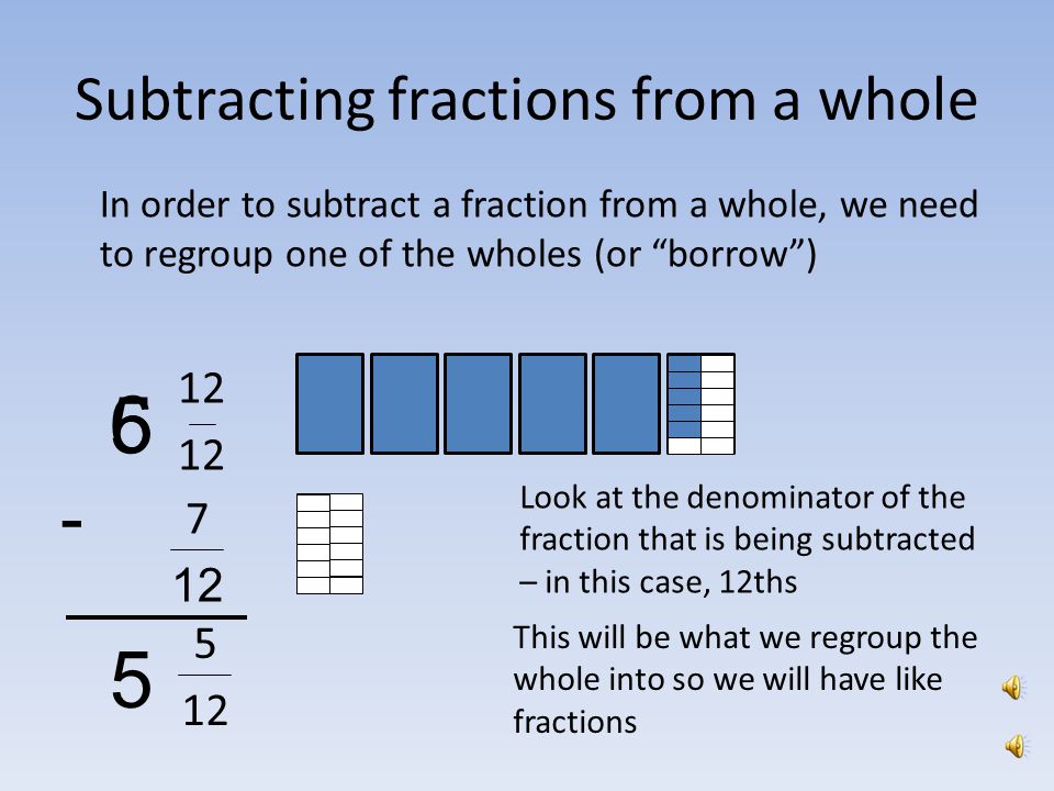 Subtracting Like Fractions Another example: == ÷ ÷ 4 = 1212