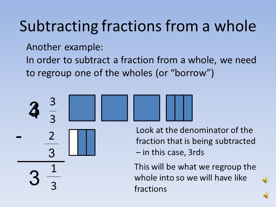 Subtracting fractions from a whole In order to subtract a fraction from a whole, we need to regroup one of the wholes (or borrow ) Look at the denominator of the fraction that is being subtracted – in this case, 12ths This will be what we regroup the whole into so we will have like fractions 5