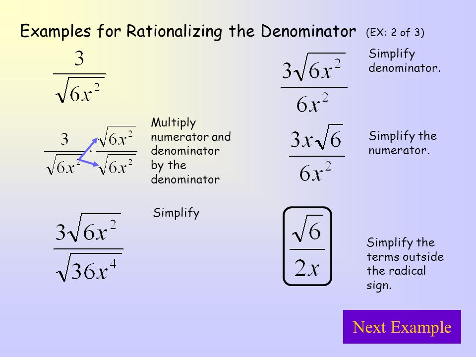 Examples For Rationalizing The Denominator Examples It Is Improper For A Fraction To Have A Radical In Its Denominator To Remove The Radical We Rationalize Ppt Download Examples For Rationalizing The Denominator Examples It Is Improper For A Fraction To Have A Radical In Its Denominator To Remove The Radical We Rationalize Ppt Download