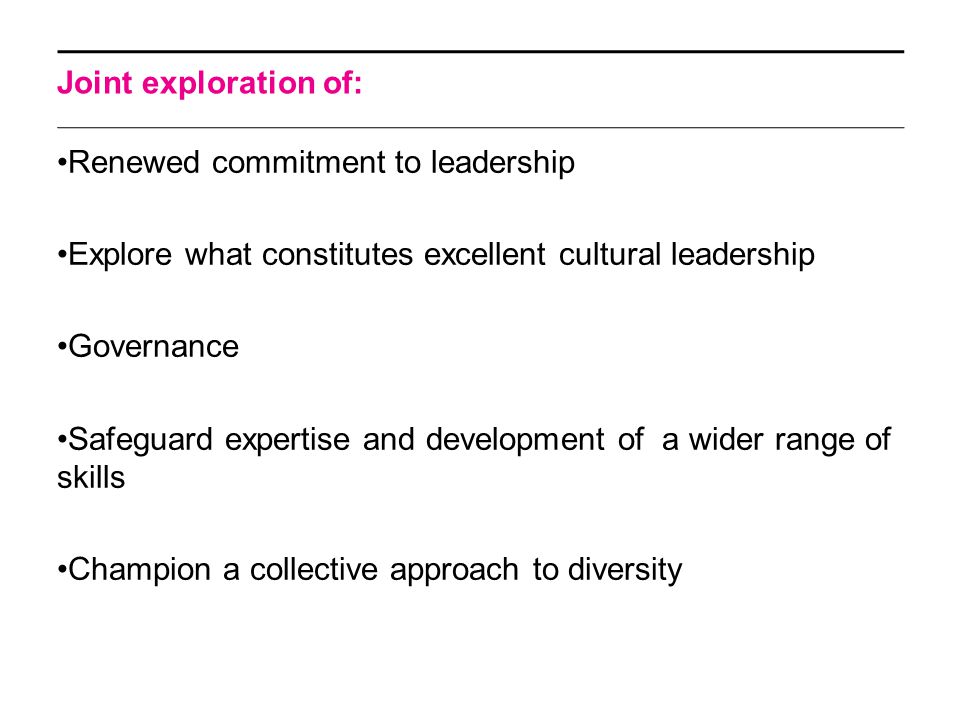 Joint exploration of: Renewed commitment to leadership Explore what constitutes excellent cultural leadership Governance Safeguard expertise and development of a wider range of skills Champion a collective approach to diversity