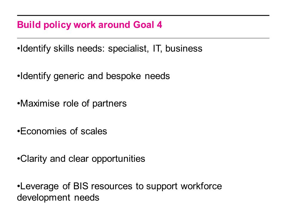 Build policy work around Goal 4 Identify skills needs: specialist, IT, business Identify generic and bespoke needs Maximise role of partners Economies of scales Clarity and clear opportunities Leverage of BIS resources to support workforce development needs