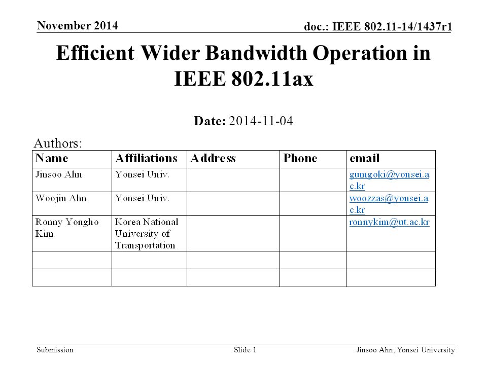 Submission doc.: IEEE /1437r1 November 2014 Jinsoo Ahn, Yonsei UniversitySlide 1 Efficient Wider Bandwidth Operation in IEEE ax Date: Authors: