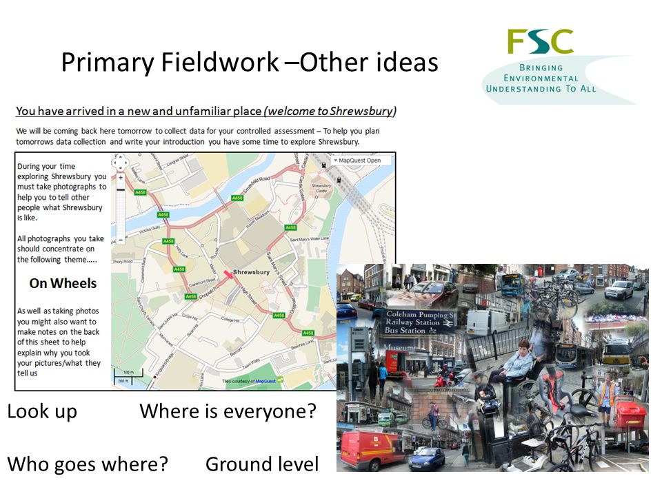 Primary Fieldwork –Other ideas Look upWhere is everyone Who goes where Ground level