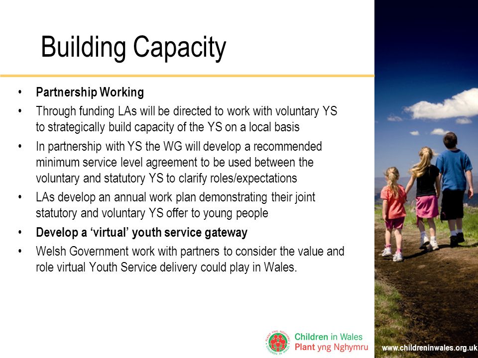 Building Capacity Partnership Working Through funding LAs will be directed to work with voluntary YS to strategically build capacity of the YS on a local basis In partnership with YS the WG will develop a recommended minimum service level agreement to be used between the voluntary and statutory YS to clarify roles/expectations LAs develop an annual work plan demonstrating their joint statutory and voluntary YS offer to young people Develop a ‘virtual’ youth service gateway Welsh Government work with partners to consider the value and role virtual Youth Service delivery could play in Wales.