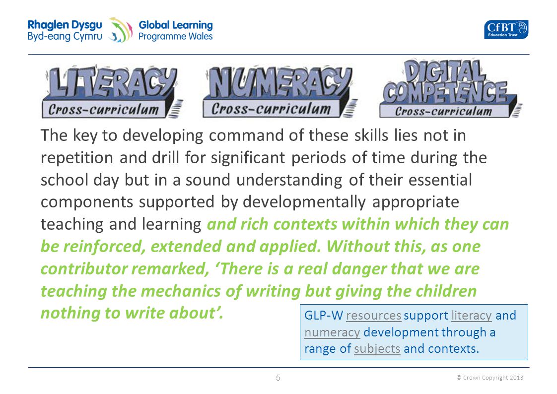 © Crown Copyright The key to developing command of these skills lies not in repetition and drill for significant periods of time during the school day but in a sound understanding of their essential components supported by developmentally appropriate teaching and learning and rich contexts within which they can be reinforced, extended and applied.