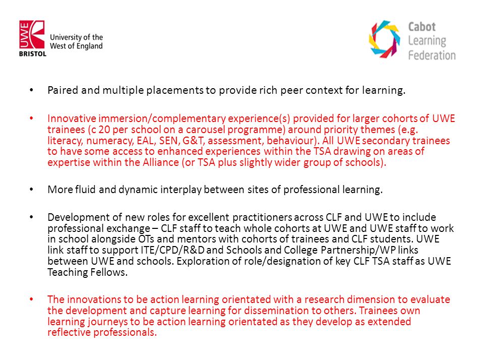 Paired and multiple placements to provide rich peer context for learning.