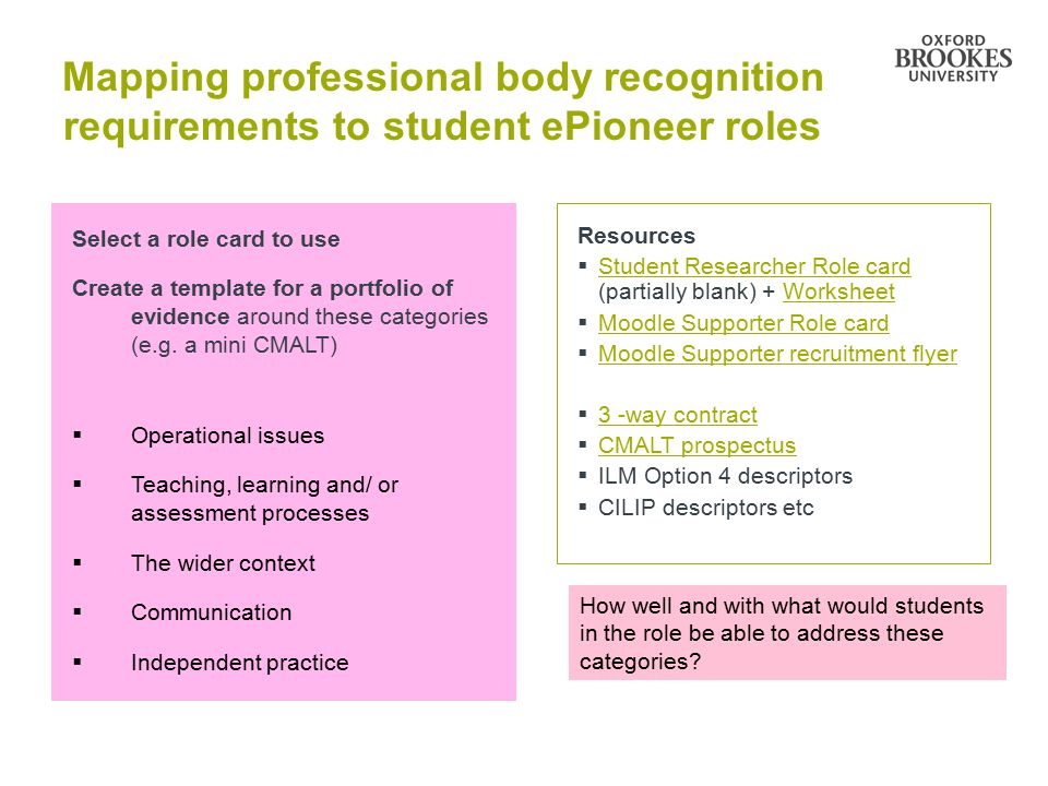 Mapping professional body recognition requirements to student ePioneer roles Select a role card to use Create a template for a portfolio of evidence around these categories (e.g.