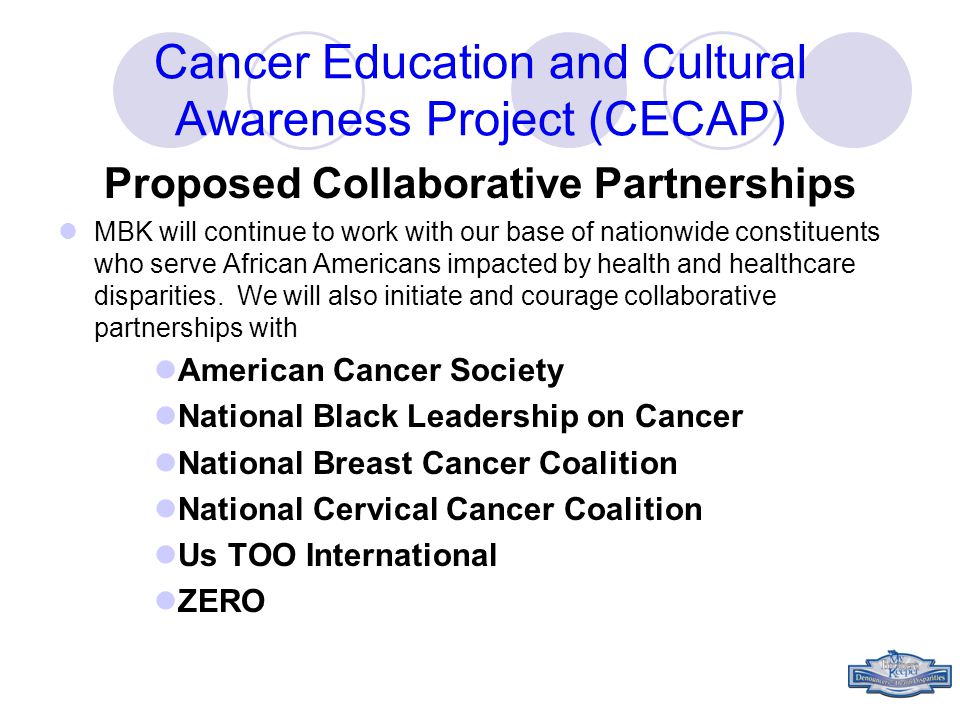 Cancer Education and Cultural Awareness Project (CECAP) Proposed Collaborative Partnerships MBK will continue to work with our base of nationwide constituents who serve African Americans impacted by health and healthcare disparities.