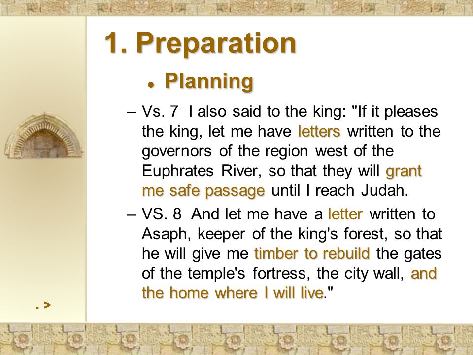 1. Preparation ● Planning letters grant me safe passage –Vs.