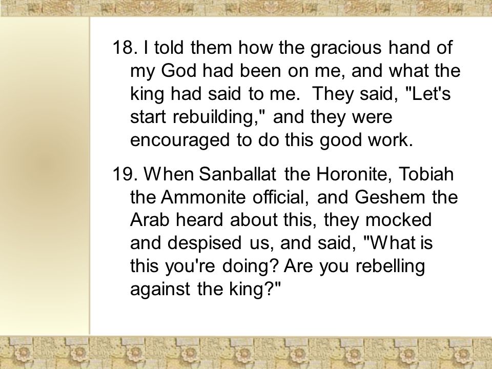 18. I told them how the gracious hand of my God had been on me, and what the king had said to me.
