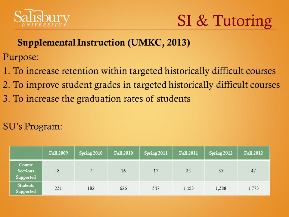 SI & Tutoring Supplemental Instruction (UMKC, 2013) Purpose: 1.