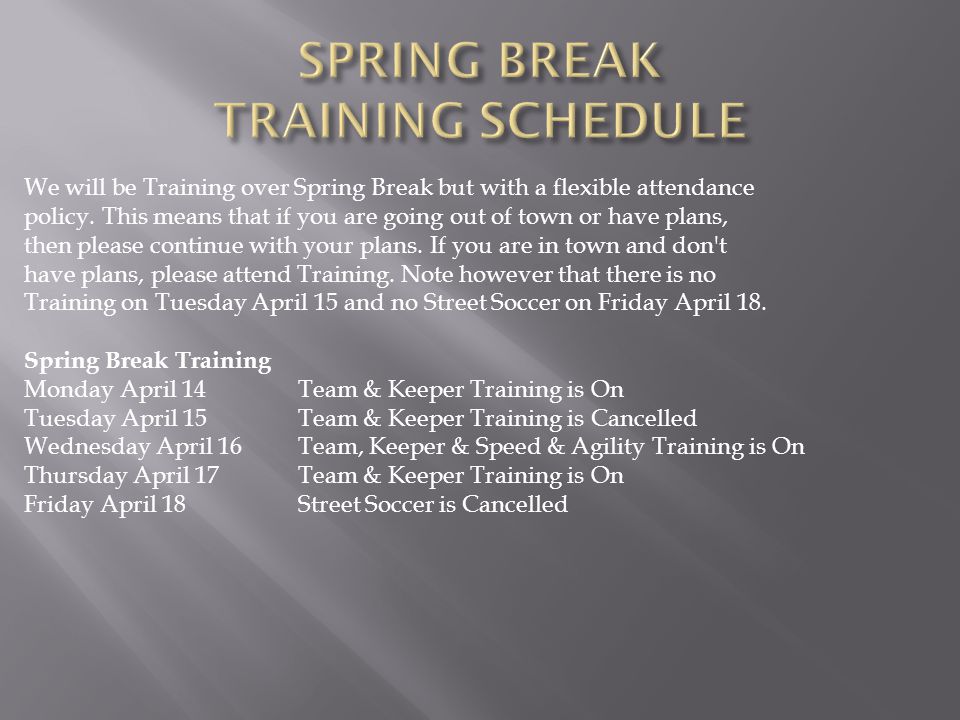 We will be Training over Spring Break but with a flexible attendance policy.