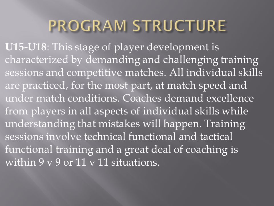 U15-U18 : This stage of player development is characterized by demanding and challenging training sessions and competitive matches.