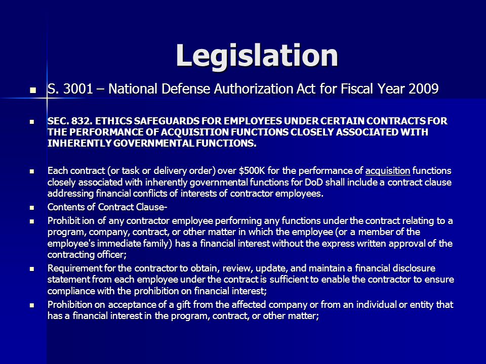 Legislation S – National Defense Authorization Act for Fiscal Year 2009 S.