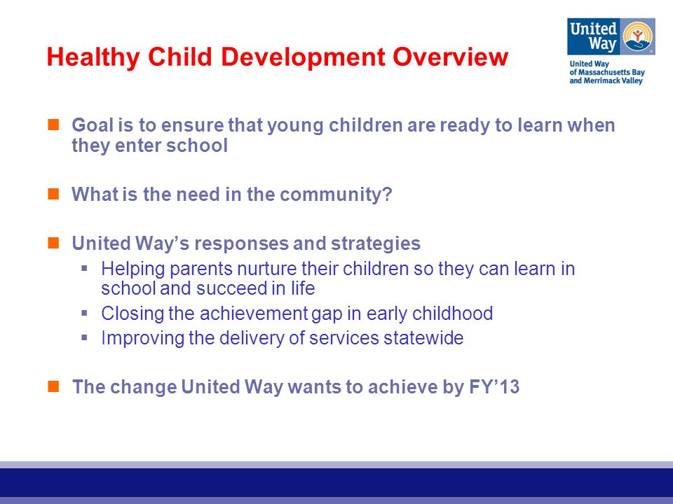 Healthy Child Development Overview Goal is to ensure that young children are ready to learn when they enter school What is the need in the community.