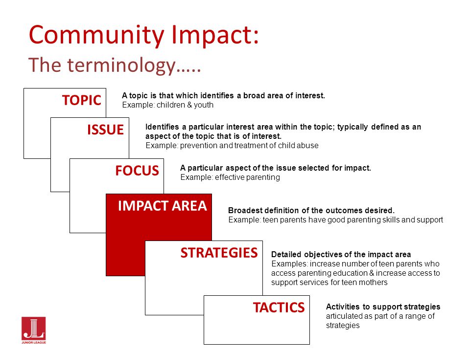 TOPIC ISSUE FOCUS IMPACT AREA STRATEGIES TACTICS Identifies a particular interest area within the topic; typically defined as an aspect of the topic that is of interest.