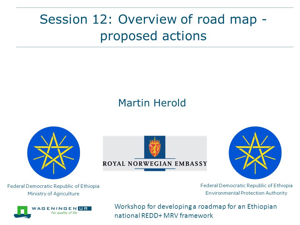 Session 12: Overview of road map - proposed actions Federal Democratic Republic of Ethiopia Ministry of Agriculture Federal Democratic Republic of Ethiopia Environmental Protection Authority Martin Herold Workshop for developing a roadmap for an Ethiopian national REDD+ MRV framework