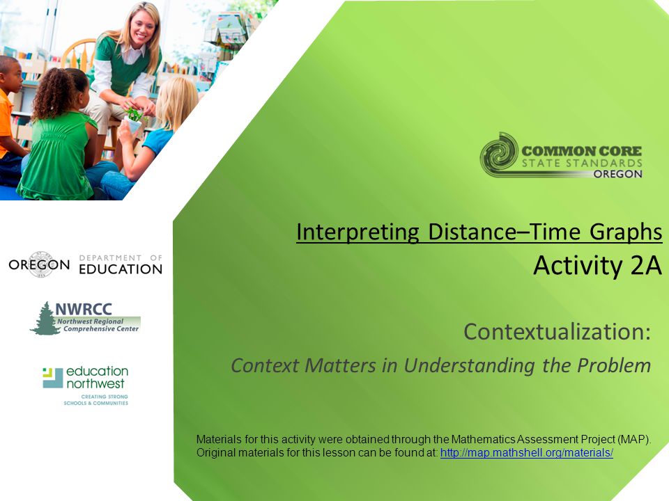 Contextualization: Context Matters in Understanding the Problem Interpreting Distance–Time Graphs Activity 2A Materials for this activity were obtained through the Mathematics Assessment Project (MAP).