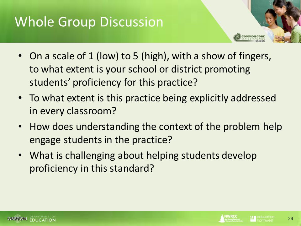 Whole Group Discussion On a scale of 1 (low) to 5 (high), with a show of fingers, to what extent is your school or district promoting students’ proficiency for this practice.