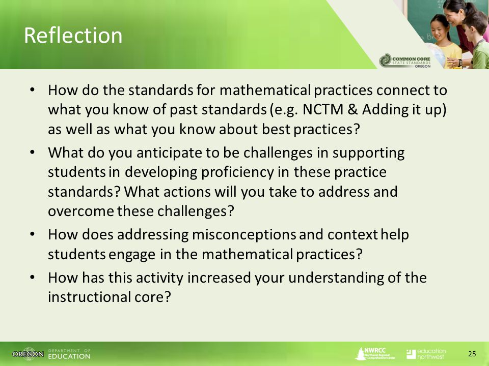 Reflection How do the standards for mathematical practices connect to what you know of past standards (e.g.