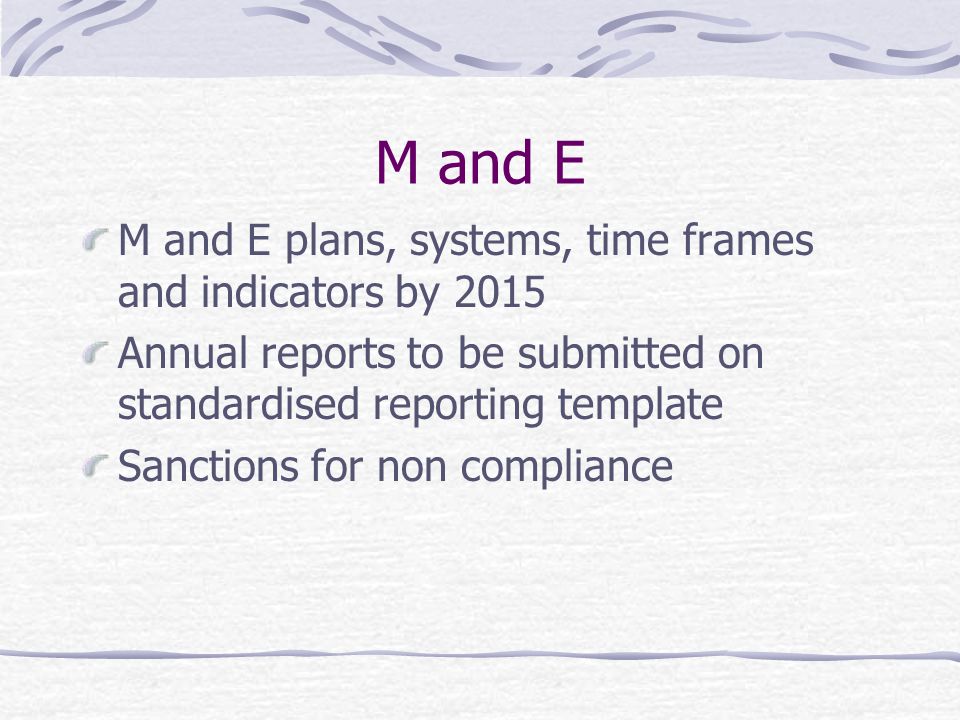 M and E M and E plans, systems, time frames and indicators by 2015 Annual reports to be submitted on standardised reporting template Sanctions for non compliance