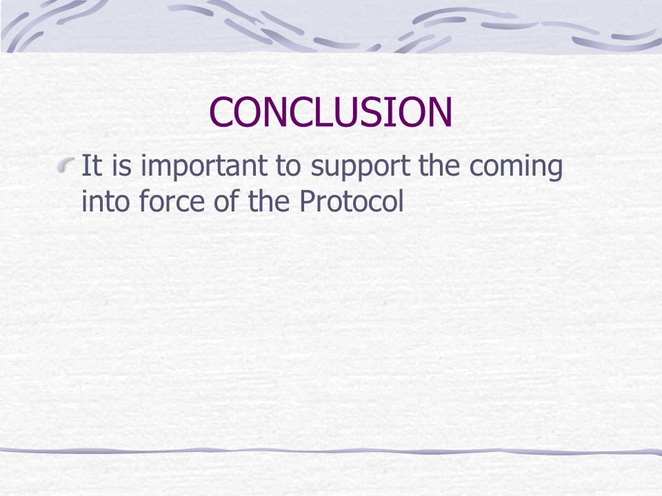 CONCLUSION It is important to support the coming into force of the Protocol