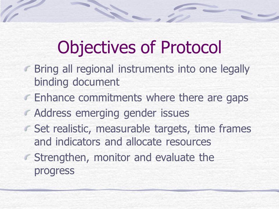 Objectives of Protocol Bring all regional instruments into one legally binding document Enhance commitments where there are gaps Address emerging gender issues Set realistic, measurable targets, time frames and indicators and allocate resources Strengthen, monitor and evaluate the progress