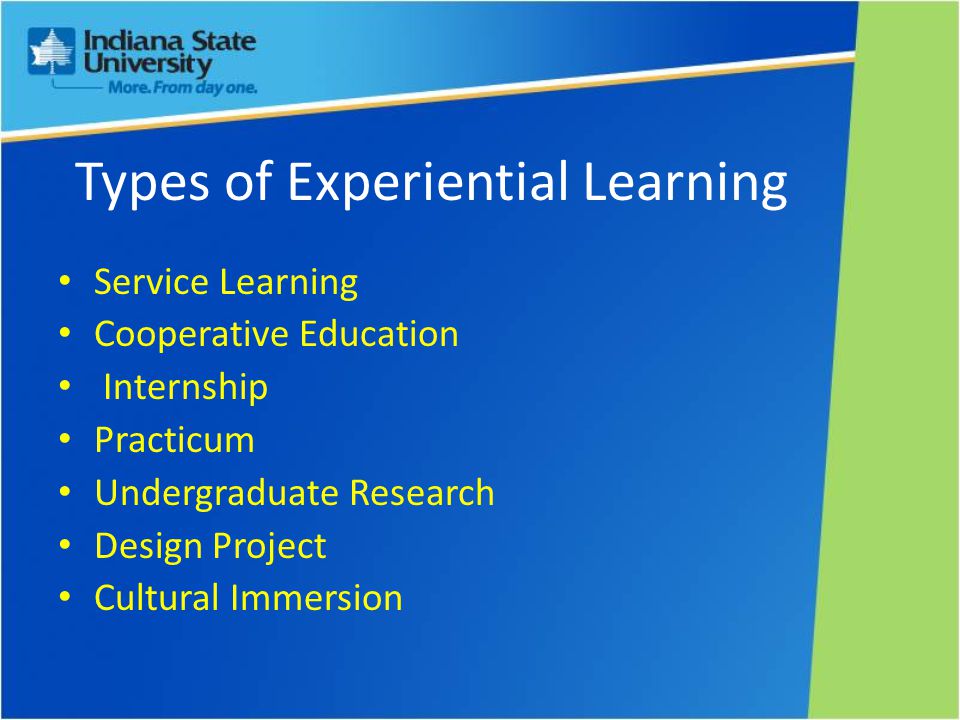 Types of Experiential Learning Service Learning Cooperative Education Internship Practicum Undergraduate Research Design Project Cultural Immersion