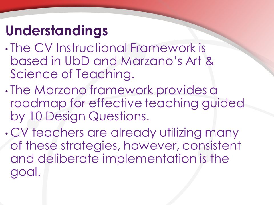 Understandings The CV Instructional Framework is based in UbD and Marzano’s Art & Science of Teaching.
