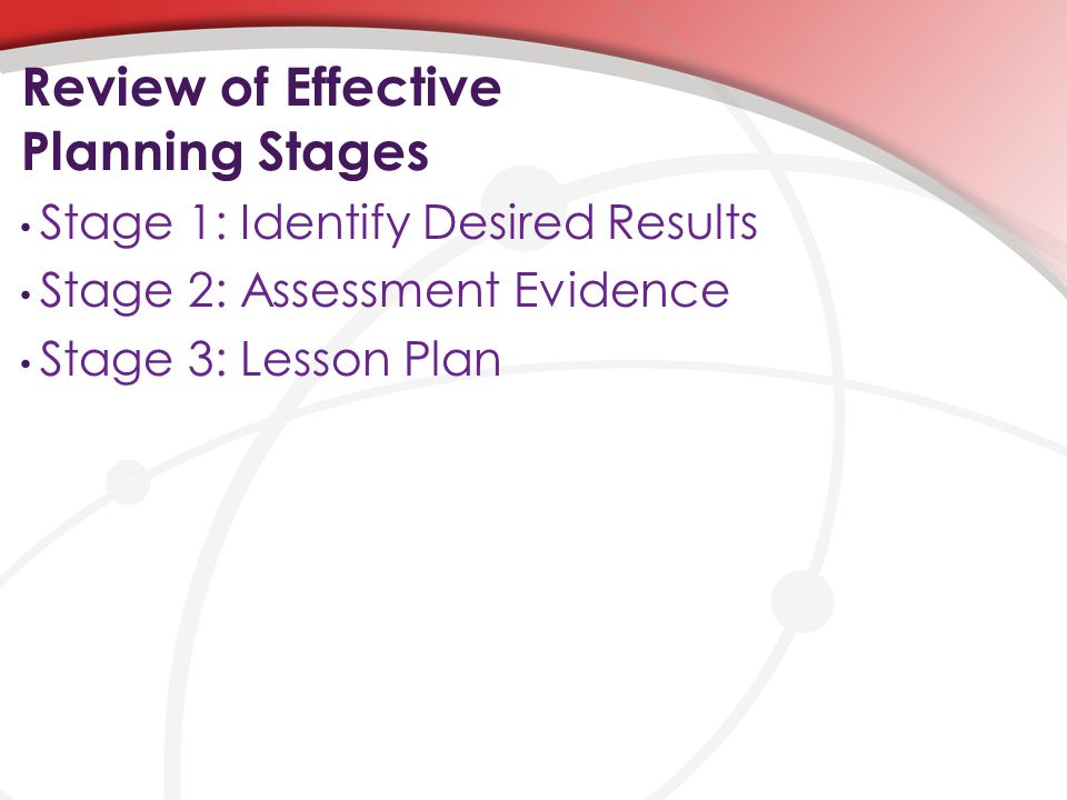Review of Effective Planning Stages Stage 1: Identify Desired Results Stage 2: Assessment Evidence Stage 3: Lesson Plan