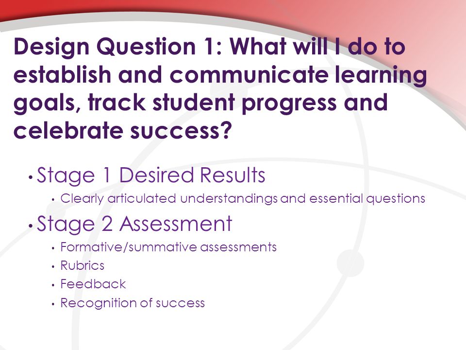 Design Question 1: What will I do to establish and communicate learning goals, track student progress and celebrate success.