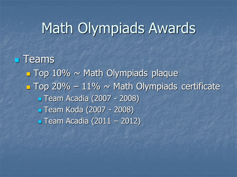 Math Olympiads Awards Teams Teams Top 10% ~ Math Olympiads plaque Top 10% ~ Math Olympiads plaque Top 20% – 11% ~ Math Olympiads certificate Top 20% – 11% ~ Math Olympiads certificate Team Acadia ( ) Team Acadia ( ) Team Koda ( ) Team Koda ( ) Team Acadia (2011 – 2012) Team Acadia (2011 – 2012)