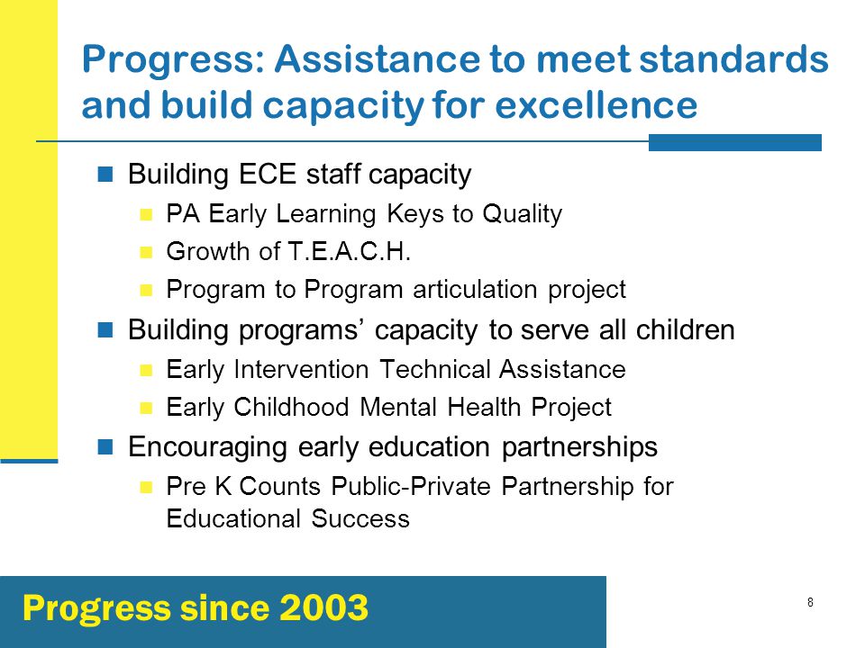 8 Progress: Assistance to meet standards and build capacity for excellence Building ECE staff capacity PA Early Learning Keys to Quality Growth of T.E.A.C.H.