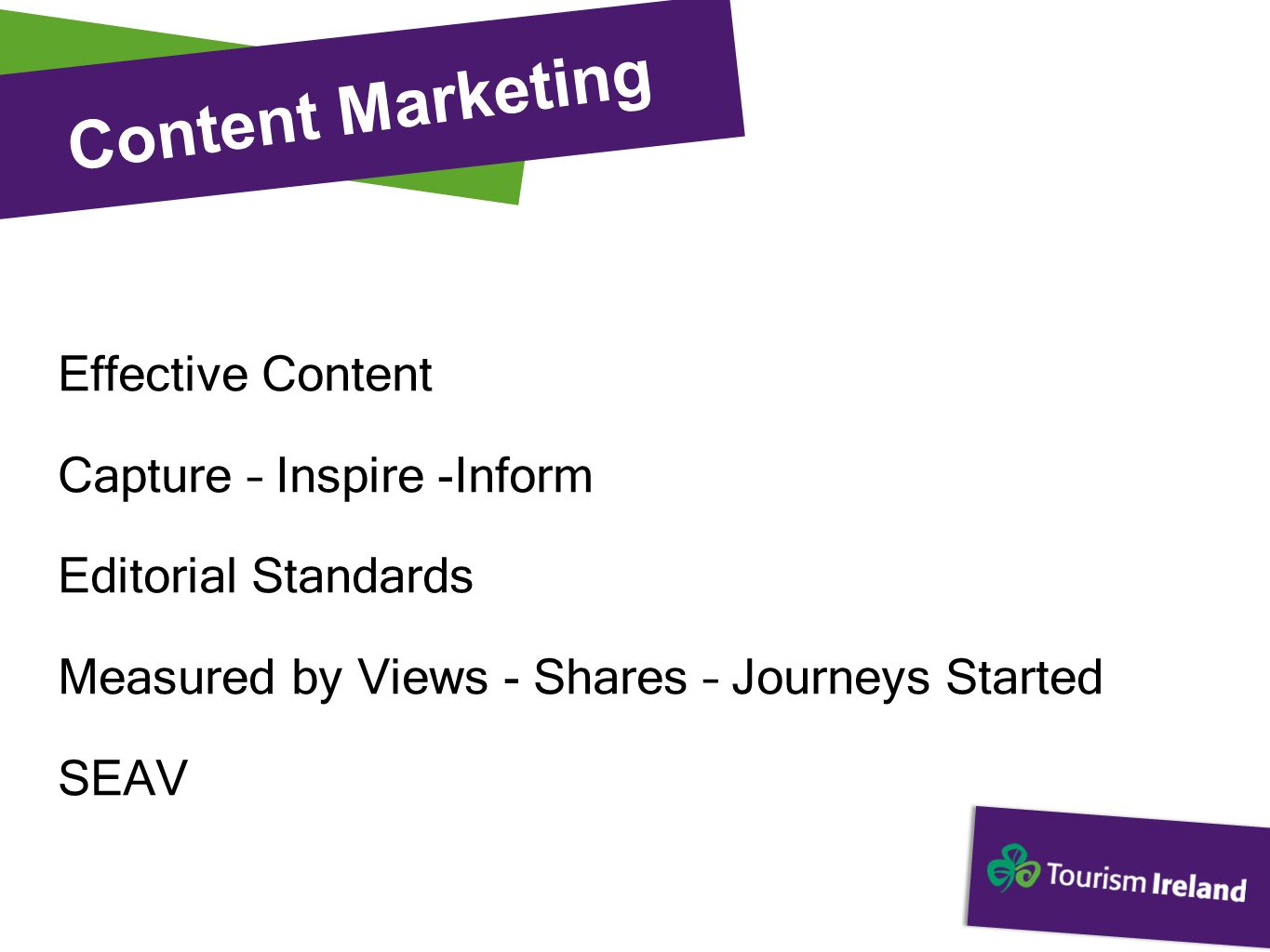 Content Marketing Effective Content Capture – Inspire -Inform Editorial Standards Measured by Views - Shares – Journeys Started SEAV