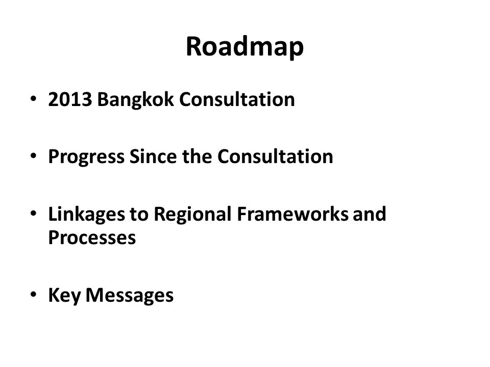 Roadmap 2013 Bangkok Consultation Progress Since the Consultation Linkages to Regional Frameworks and Processes Key Messages