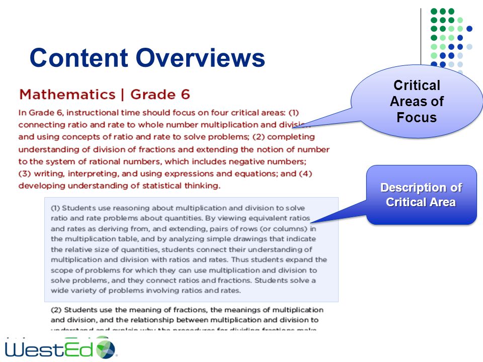 Content Overviews Critical Areas of Focus Description of Critical Area