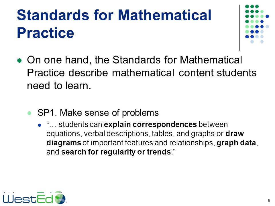 Standards for Mathematical Practice On one hand, the Standards for Mathematical Practice describe mathematical content students need to learn.