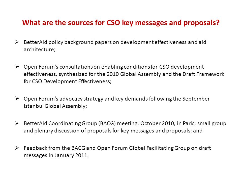 What are the sources for CSO key messages and proposals.