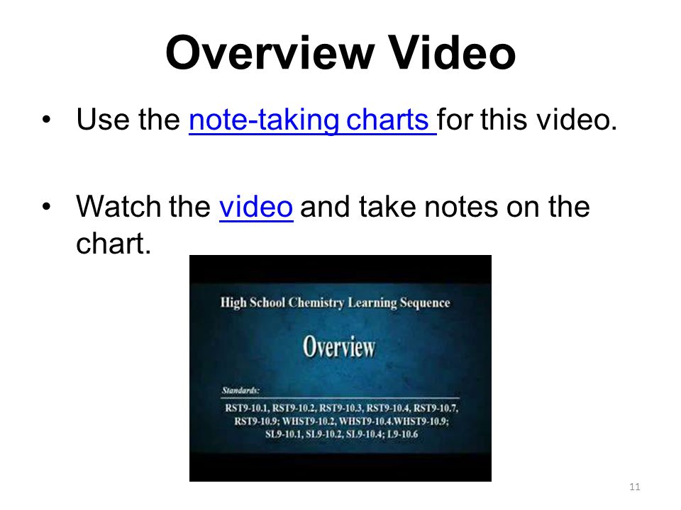 Overview Video Use the note-taking charts for this video.note-taking charts Watch the video and take notes on the chart.video 11